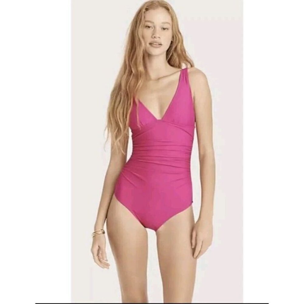 J. Crew Long-Torso Ruched V-Neck One Piece Swim Radiant Fuchsia Pink Size 6 (851